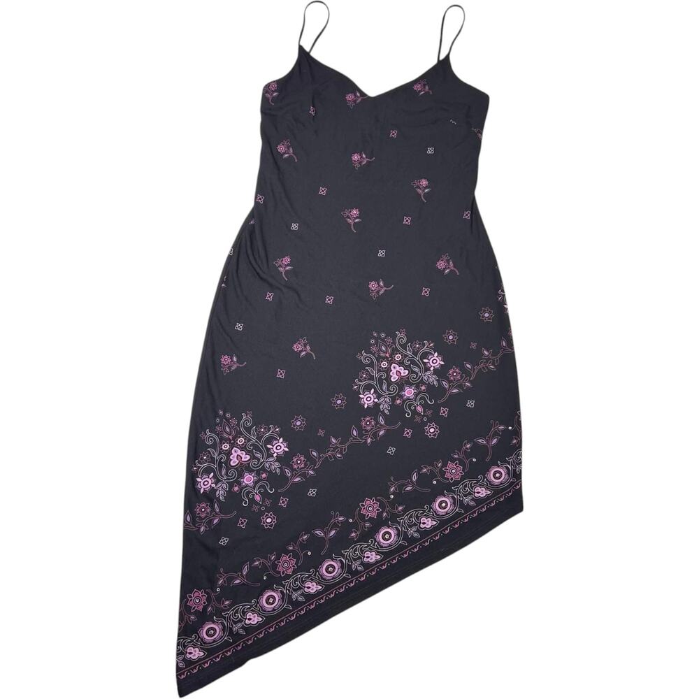 Y2K Rampage Black Floral Midi Dress Handkerchief Hemline Women's Sz L Whimsigoth